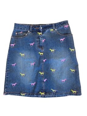 Lilly Pulitzer Blue Denim A-Line Skirt with Neon Yellow & Pink Horse Embroidery